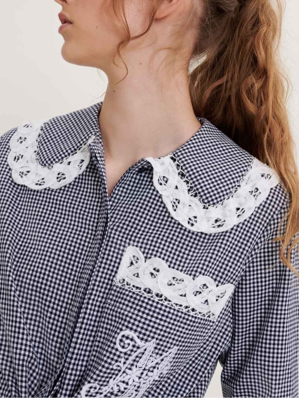 Maje Citchy Gingham and Lace Shirt